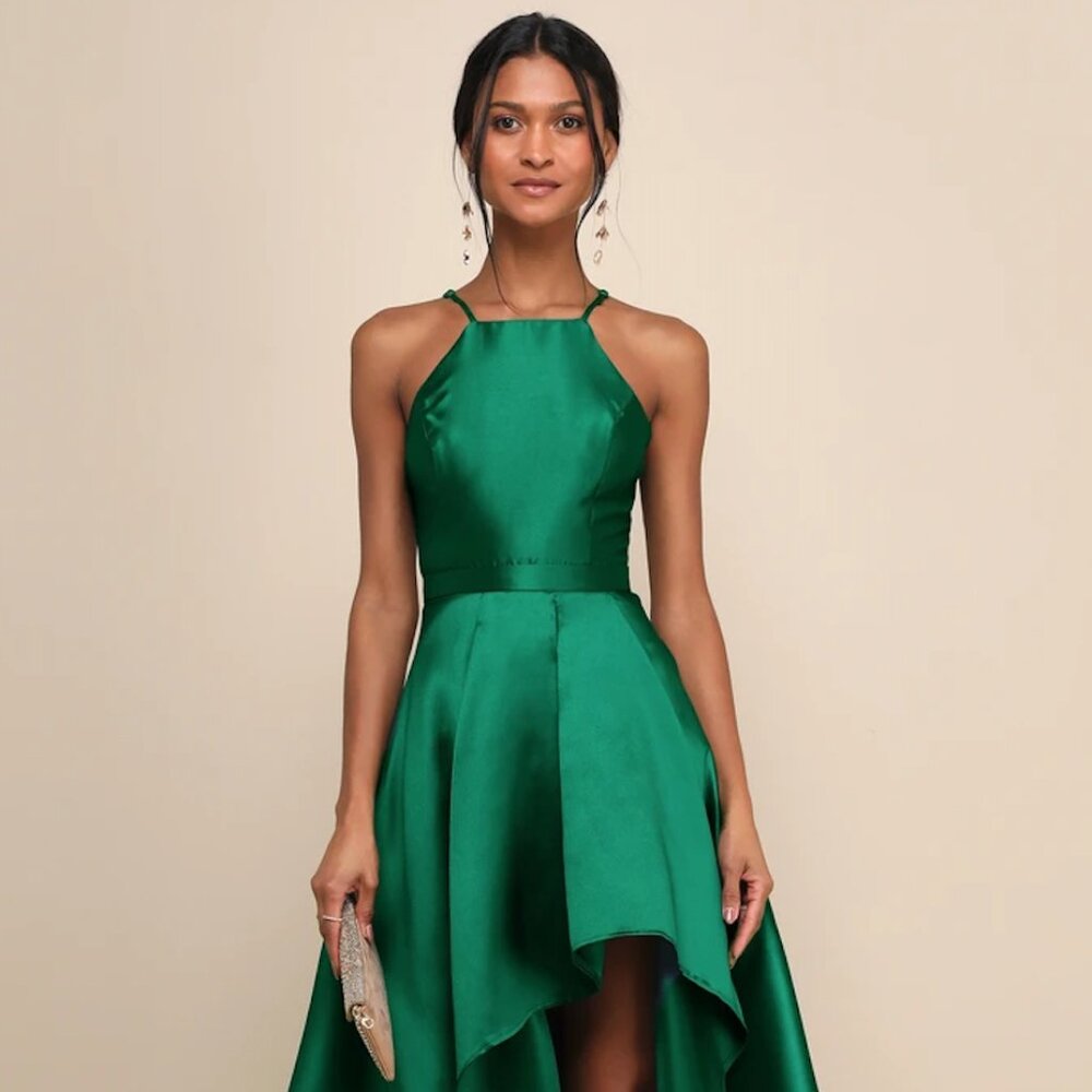 Lulu's Green Asymmetrical Halter Dress for Prom